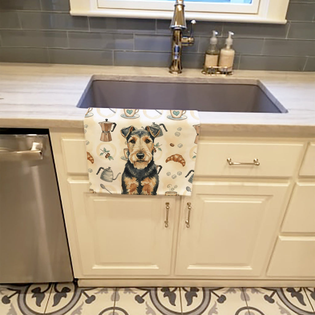 Welsh Terrier Coffee Bar Kitchen Towel Velour Plush Front and Cotton Loop Back Machine Washable