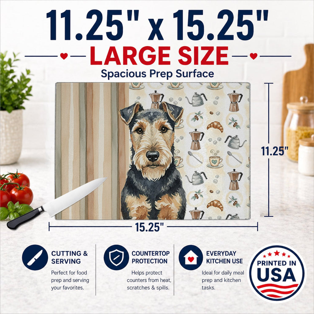 Welsh Terrier Coffee Bar Cutting Board Tempered Glass Kitchen Cutting Surface, Heat Resistant Chopping, Non-Slip Feet, Food Prep & Serving