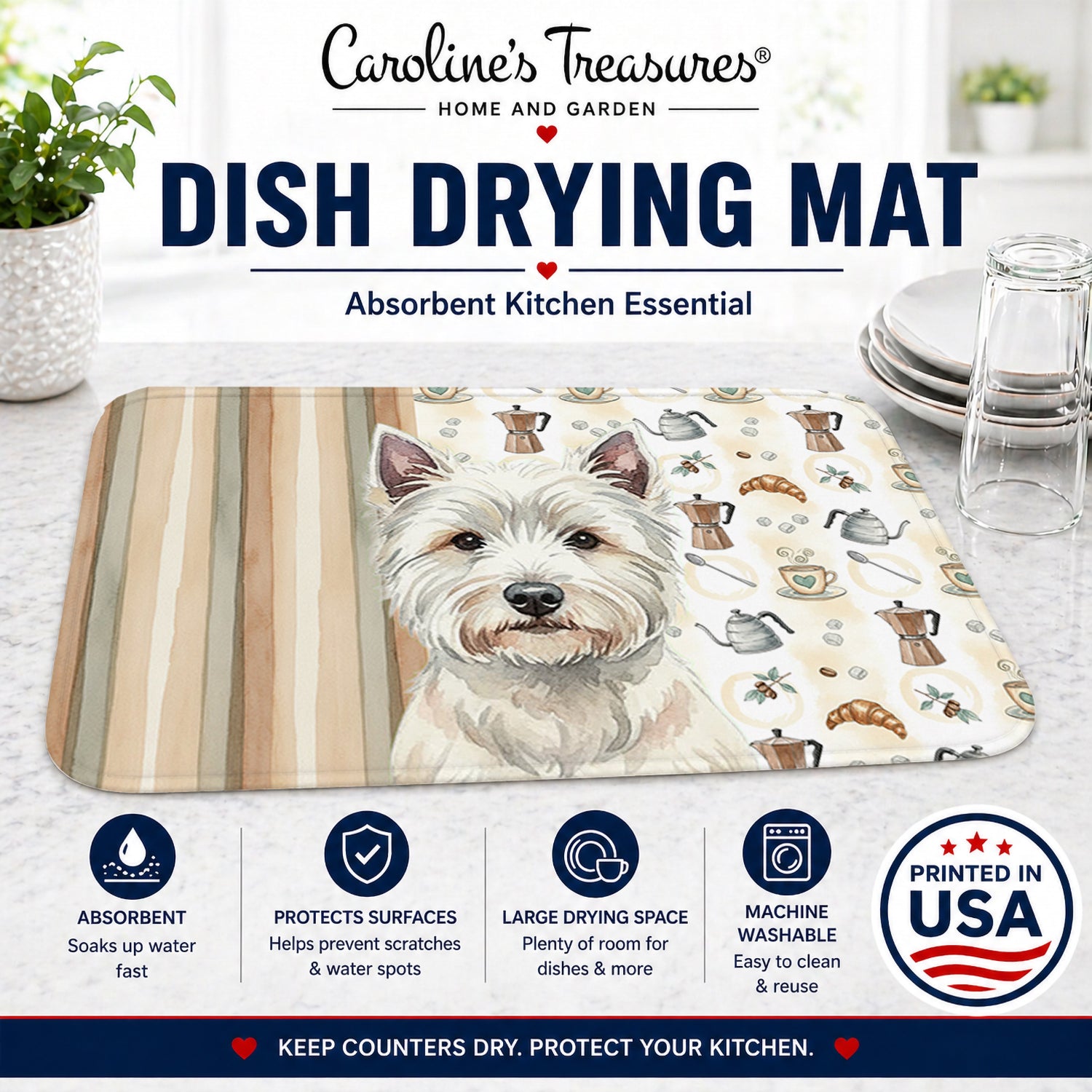 Westie Coffee Bar Dish Drying Mat Absorbent Dish Drying Mat Pad for Kitchen Counter Dish Drainer Mat for Countertop, 14 x 21", Multicolor