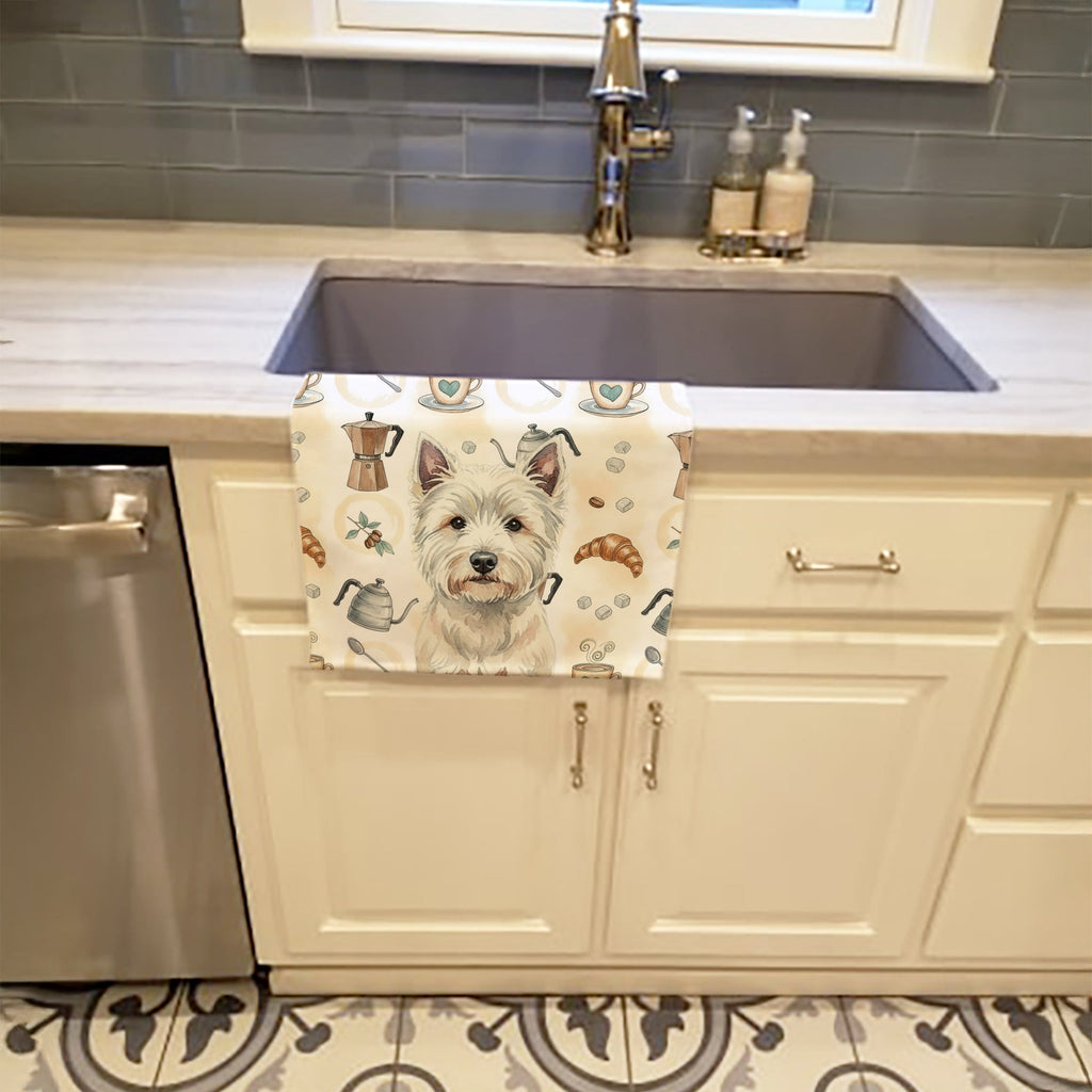Westie Coffee Bar Kitchen Towel Velour Plush Front and Cotton Loop Back Machine Washable