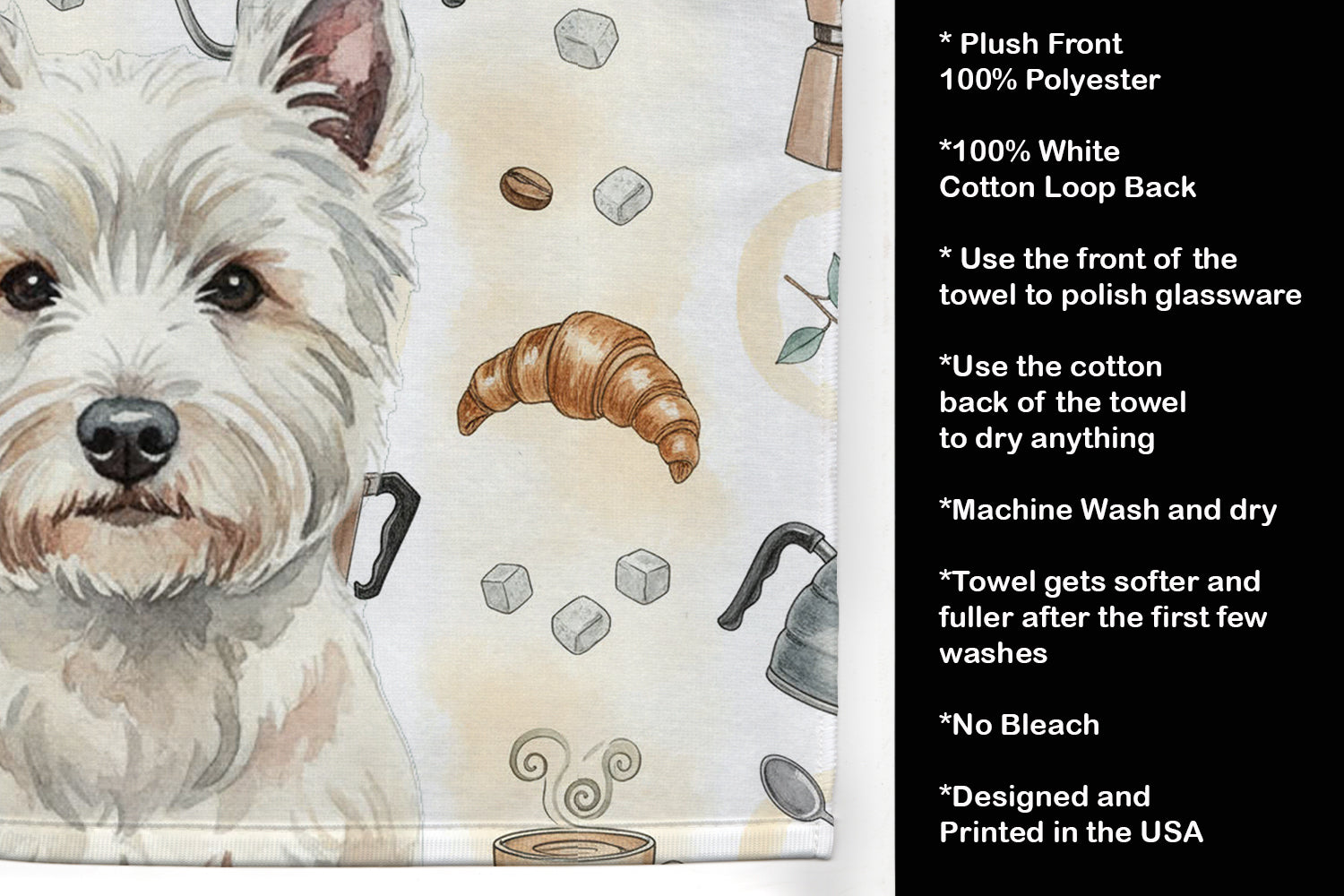 Westie Coffee Bar Kitchen Towel Velour Plush Front and Cotton Loop Back Machine Washable