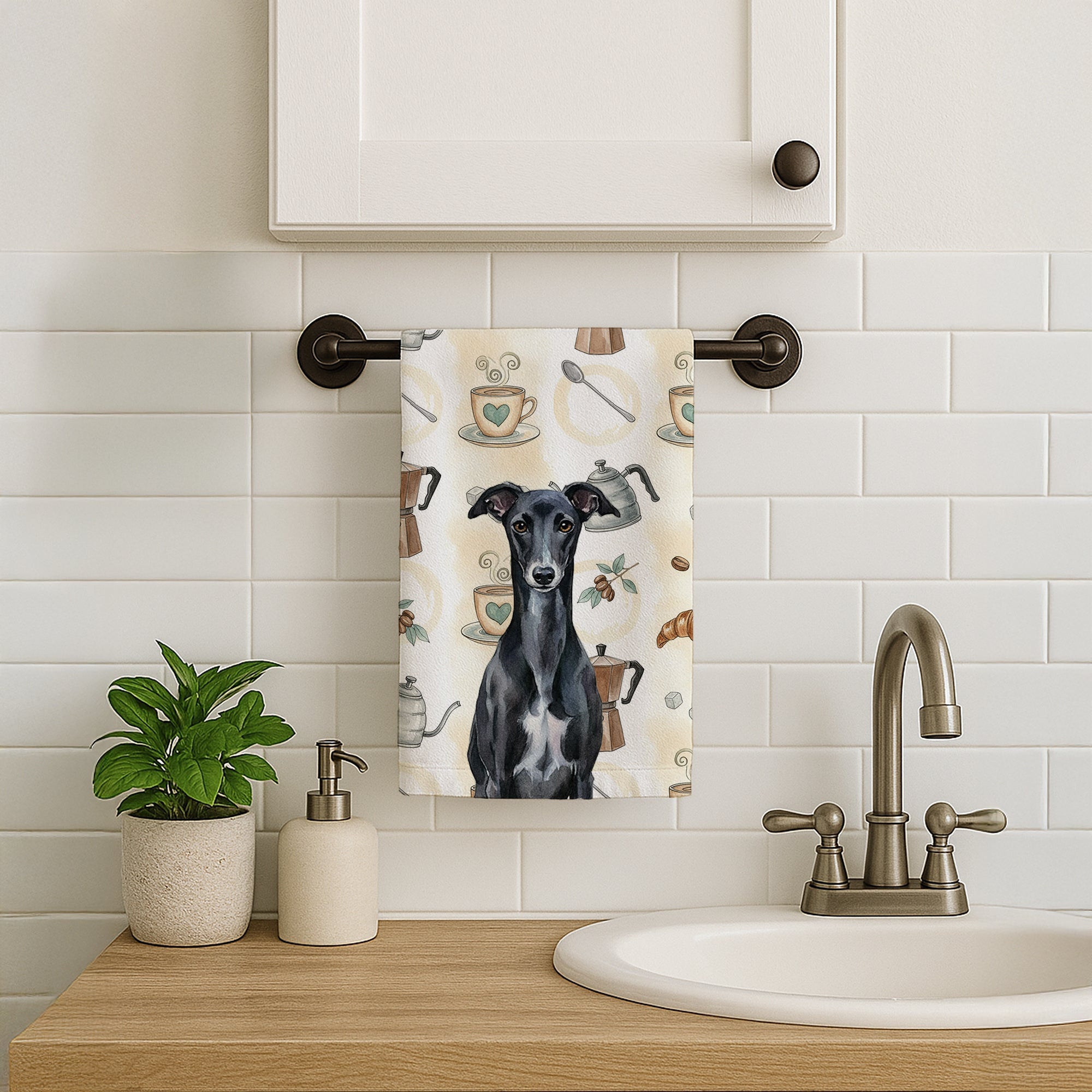 Black Whippet Coffee Bar Kitchen Towel Velour Plush Front and Cotton Loop Back Machine Washable