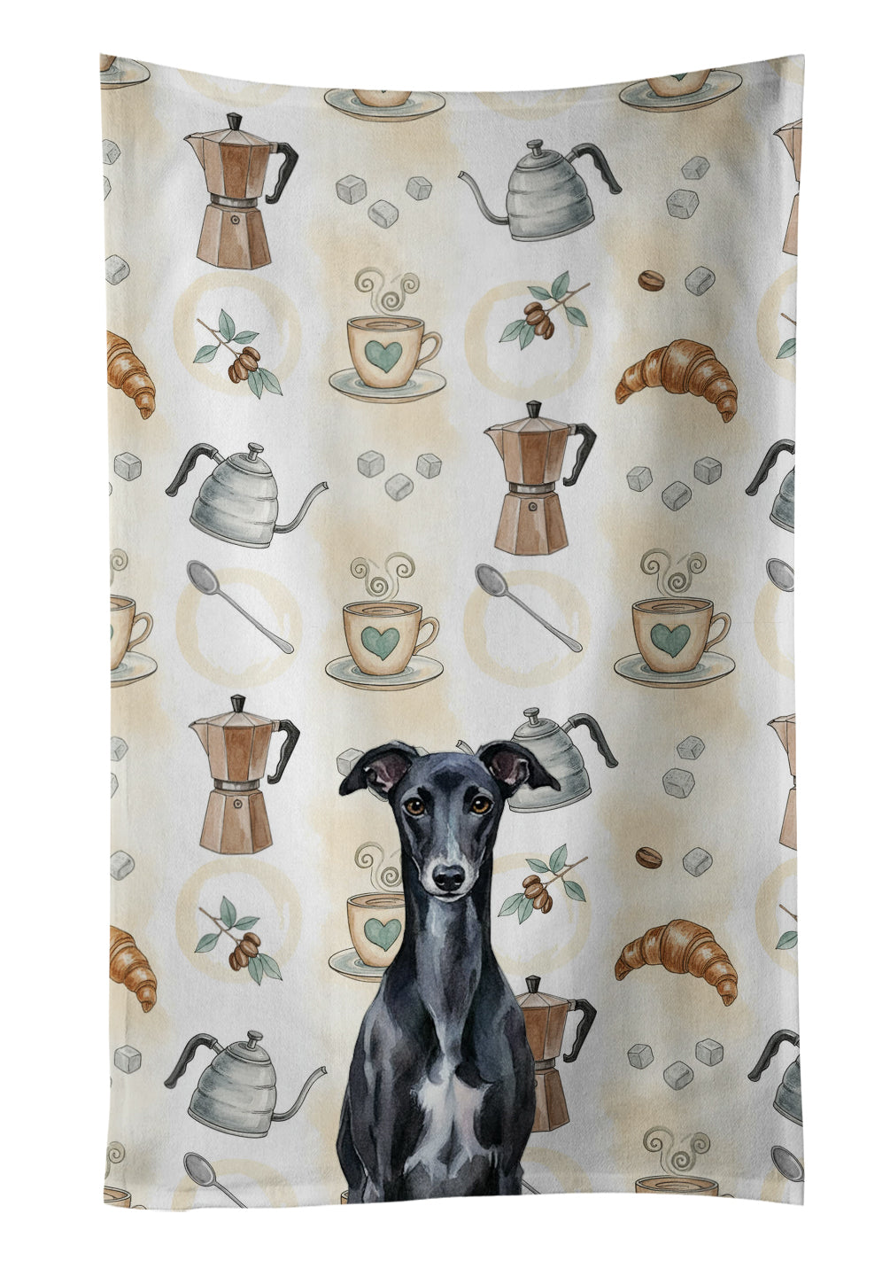 Black Whippet Coffee Bar Kitchen Towel Velour Plush Front and Cotton Loop Back Machine Washable