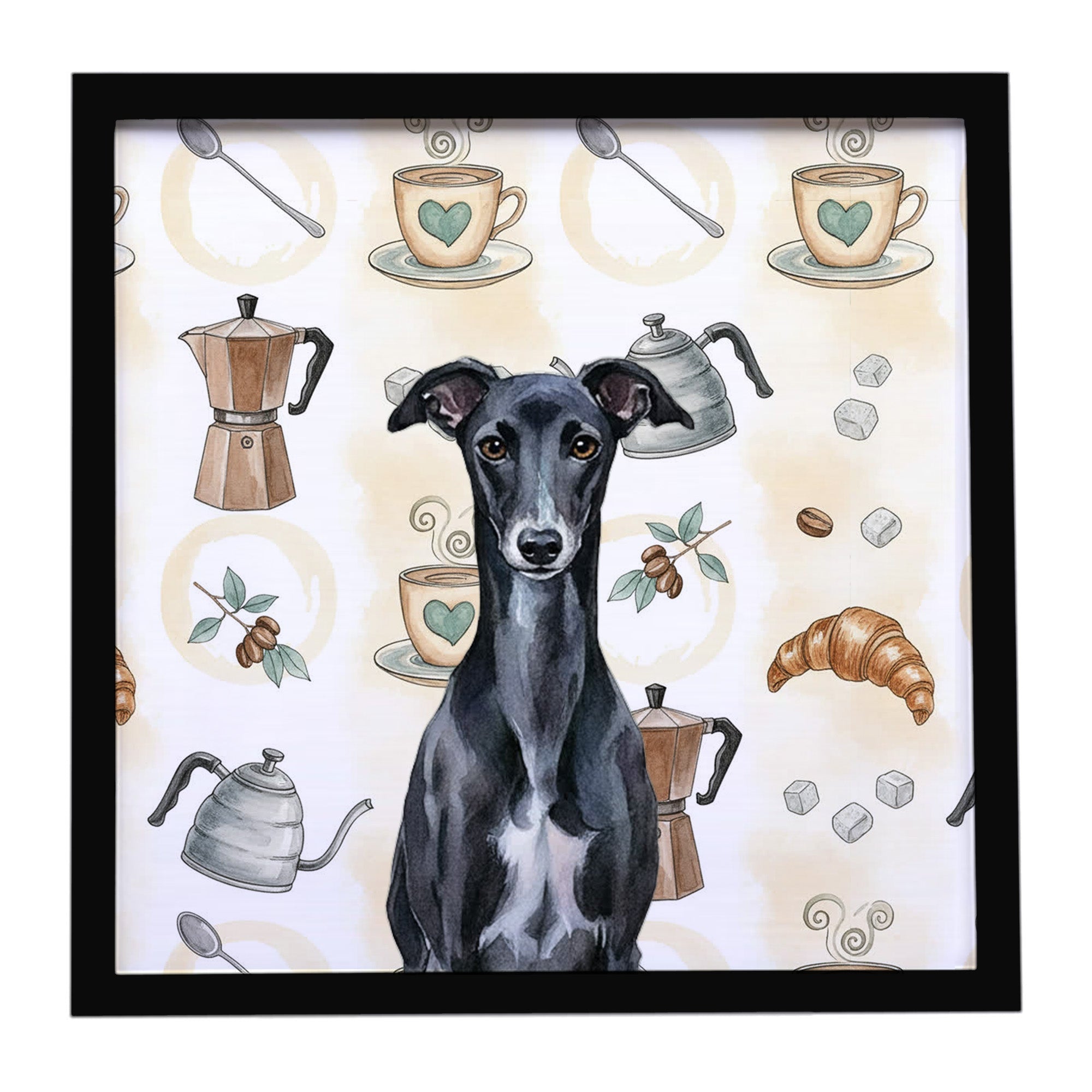 Black Whippet Coffee Bar Framed Metal Print Bathroom, Kitchen, Office, Home Decor Wall Art Ready to Hang, Square, 8X8