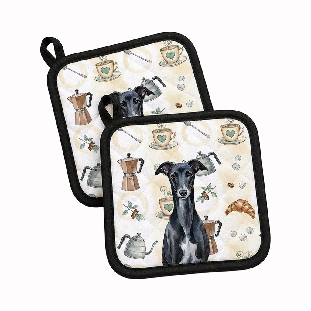 Black Whippet Coffee Bar Pot Holder Set of 2 Heat Resistant Quilted Hot Pads 7.5 x 7.5 Inch, Insulated Kitchen Trivets for Cooking & Baking