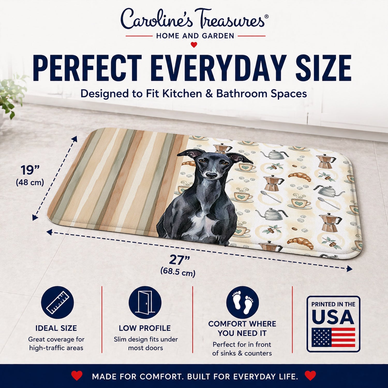 Black Whippet Coffee Bar Memory Foam Kitchen Mat Machine Washable Anti-Fatigue Cushion Comfort Bath or Kitchen Rug