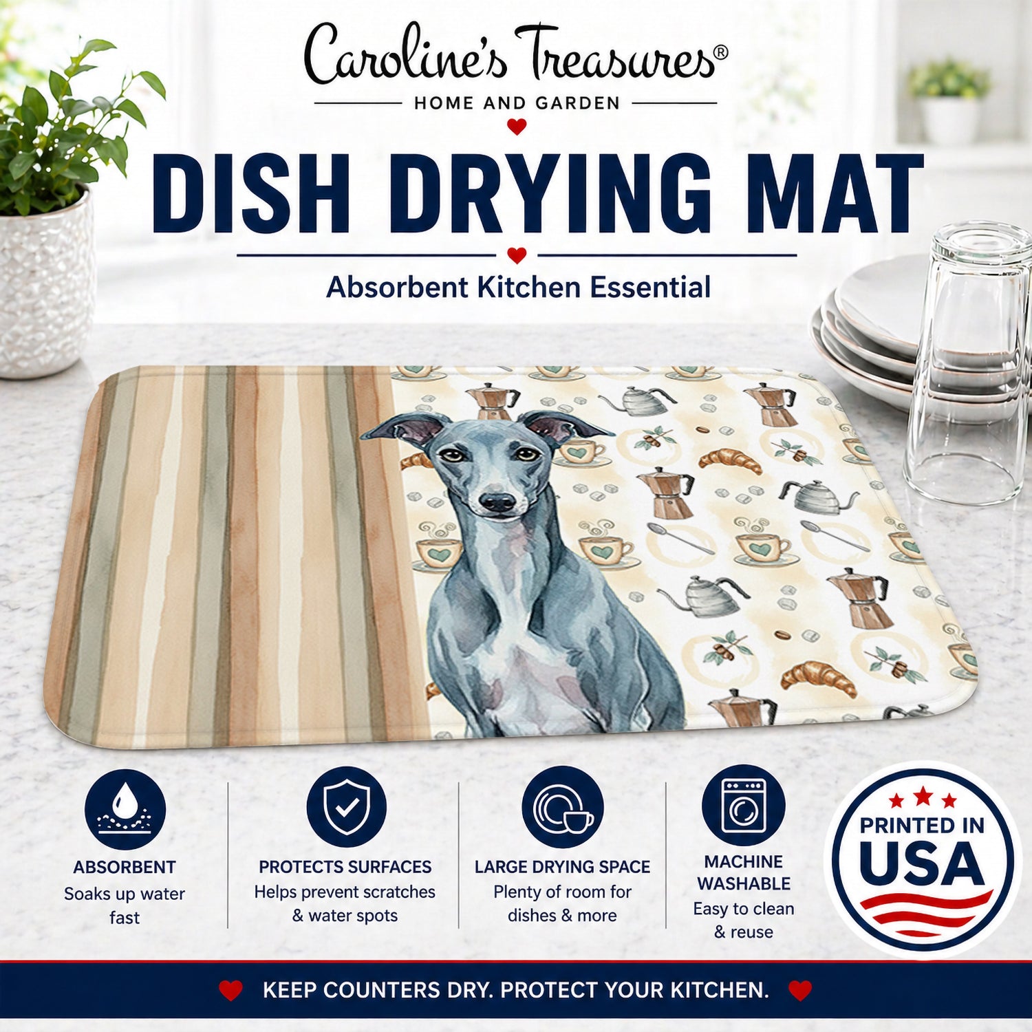 Blue Whippet Coffee Bar Dish Drying Mat Absorbent Dish Drying Mat Pad for Kitchen Counter Dish Drainer Mat for Countertop, 14 x 21", Multicolor
