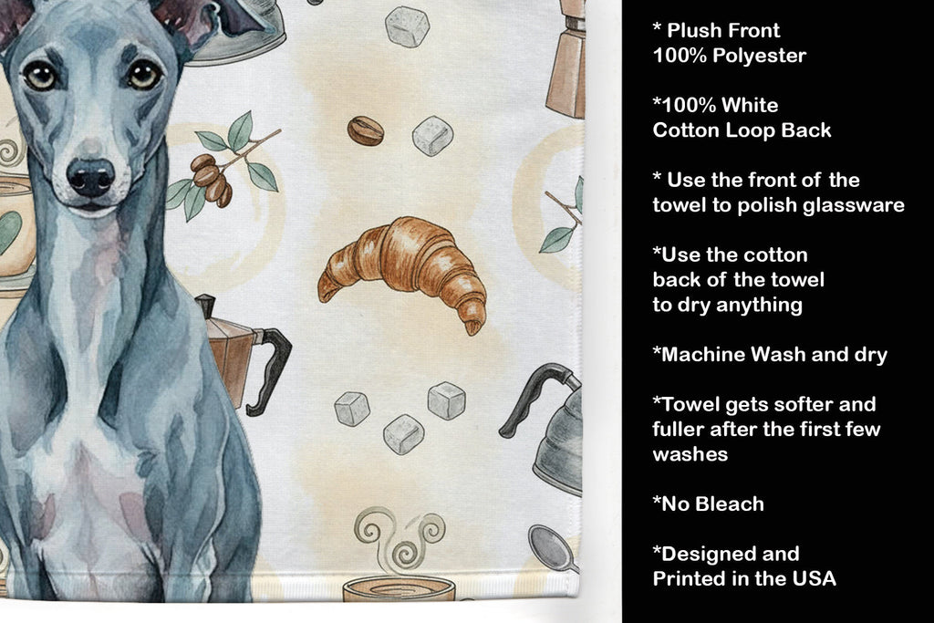 Blue Whippet Coffee Bar Kitchen Towel Velour Plush Front and Cotton Loop Back Machine Washable