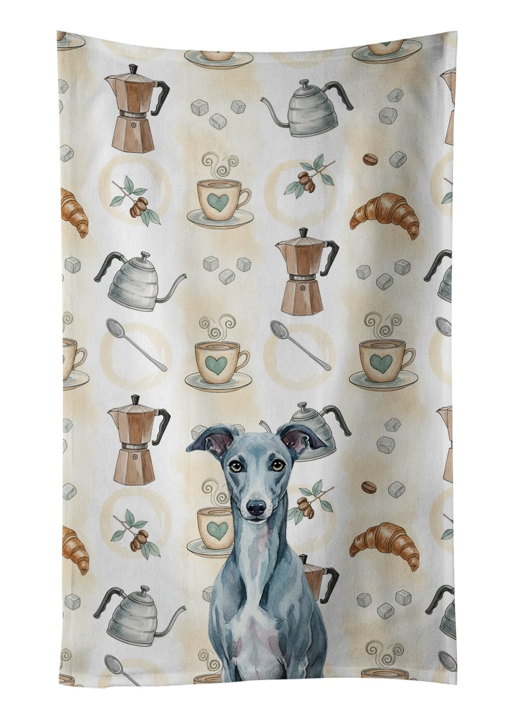 Blue Whippet Coffee Bar Kitchen Towel Velour Plush Front and Cotton Loop Back Machine Washable
