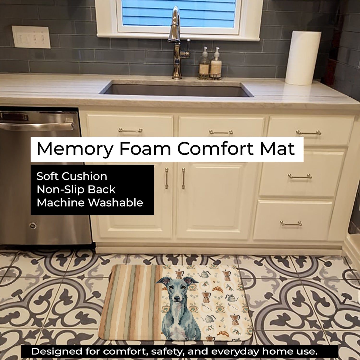 Blue Whippet Coffee Bar Memory Foam Kitchen Mat Machine Washable Anti-Fatigue Cushion Comfort Bath or Kitchen Rug