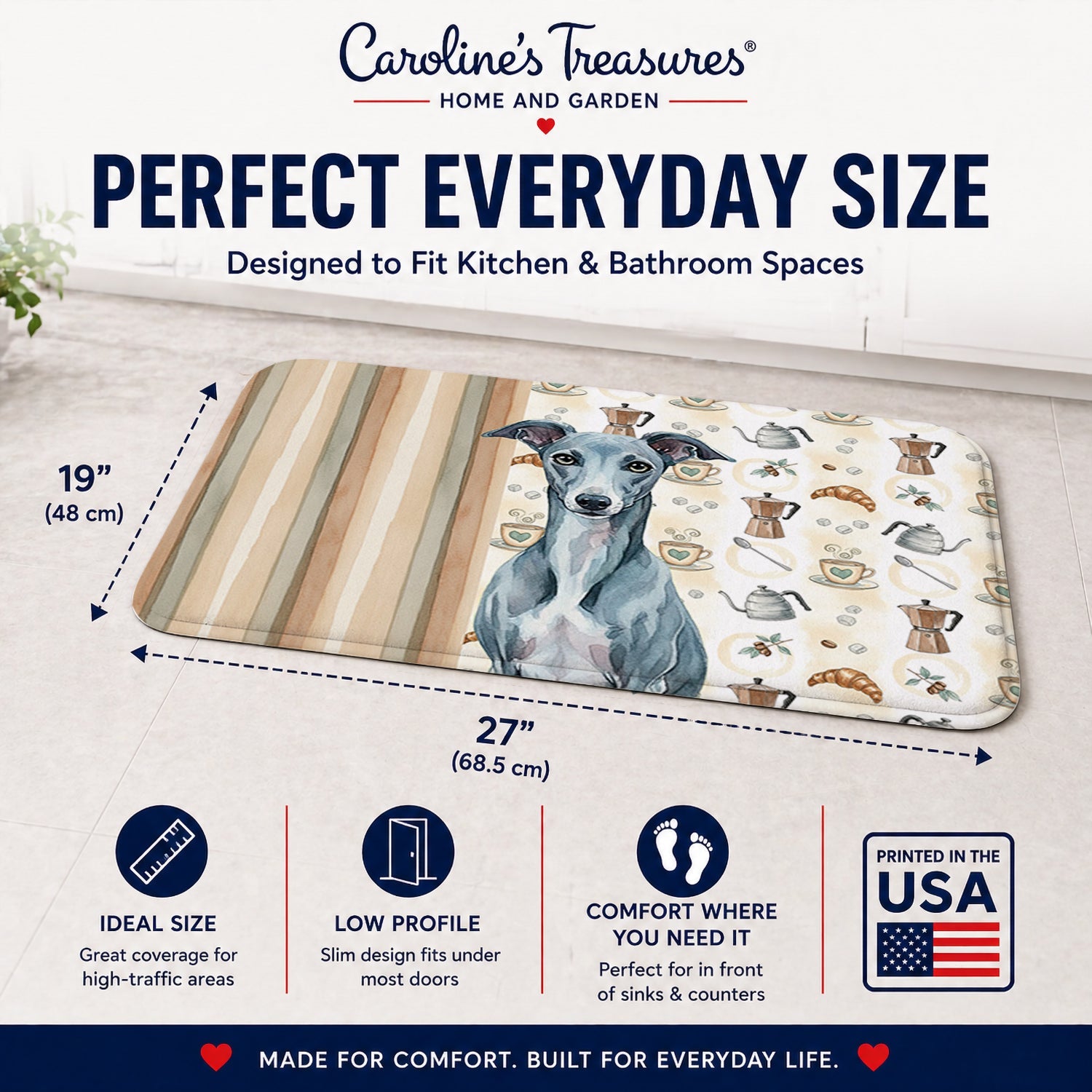 Blue Whippet Coffee Bar Memory Foam Kitchen Mat Machine Washable Anti-Fatigue Cushion Comfort Bath or Kitchen Rug