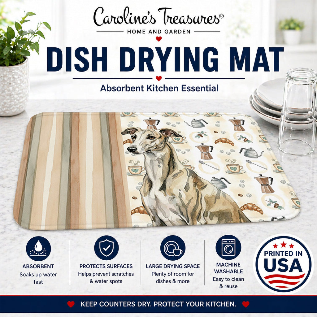Brindle Whippet Coffee Bar Dish Drying Mat Absorbent Dish Drying Mat Pad for Kitchen Counter Dish Drainer Mat for Countertop, 14 x 21", Multicolor