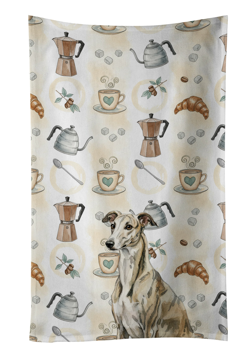 Brindle Whippet Coffee Bar Kitchen Towel Velour Plush Front and Cotton Loop Back Machine Washable
