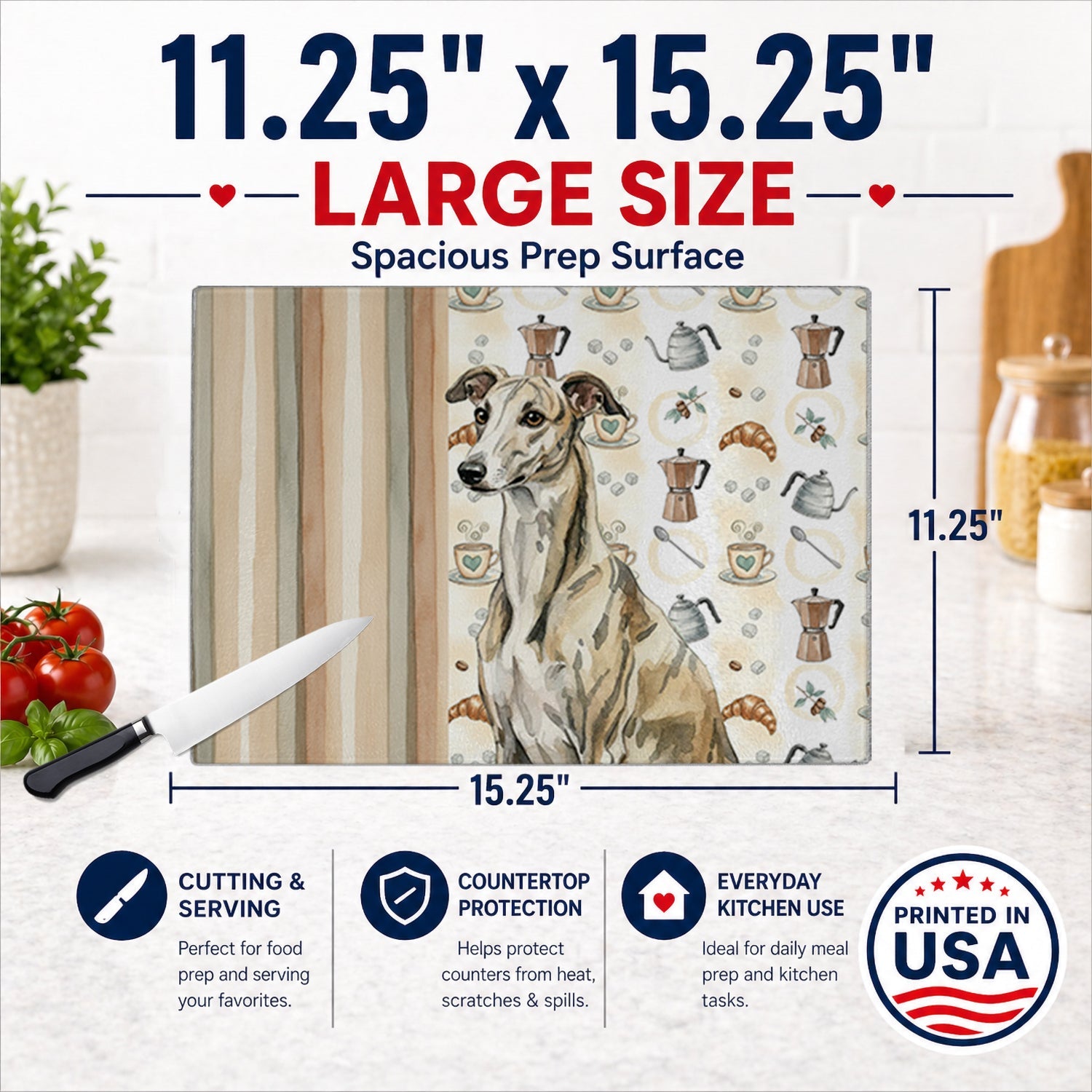 Brindle Whippet Coffee Bar Cutting Board Tempered Glass Kitchen Cutting Surface, Heat Resistant Chopping, Non-Slip Feet, Food Prep & Serving