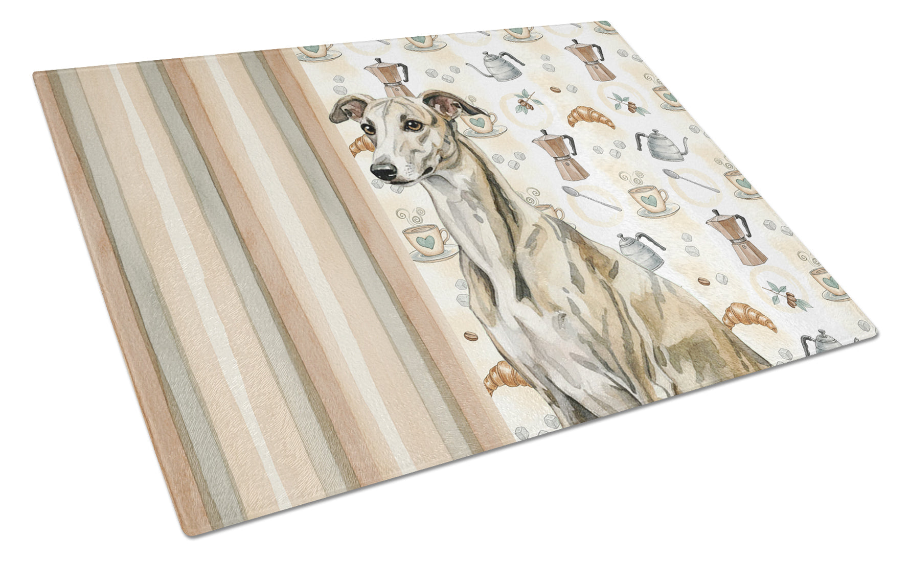 Brindle Whippet Coffee Bar Cutting Board Tempered Glass Kitchen Cutting Surface, Heat Resistant Chopping, Non-Slip Feet, Food Prep & Serving
