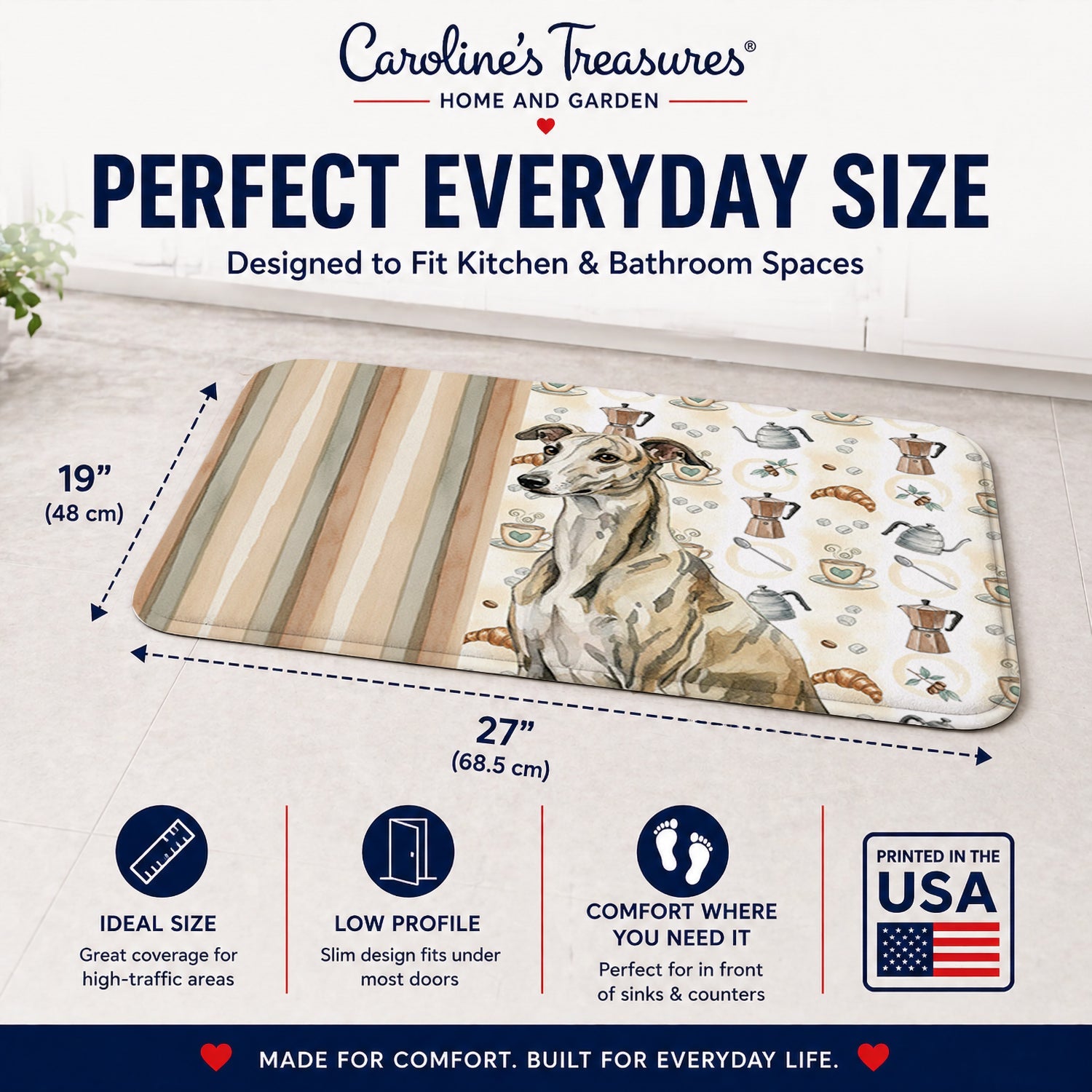 Brindle Whippet Coffee Bar Memory Foam Kitchen Mat Machine Washable Anti-Fatigue Cushion Comfort Bath or Kitchen Rug