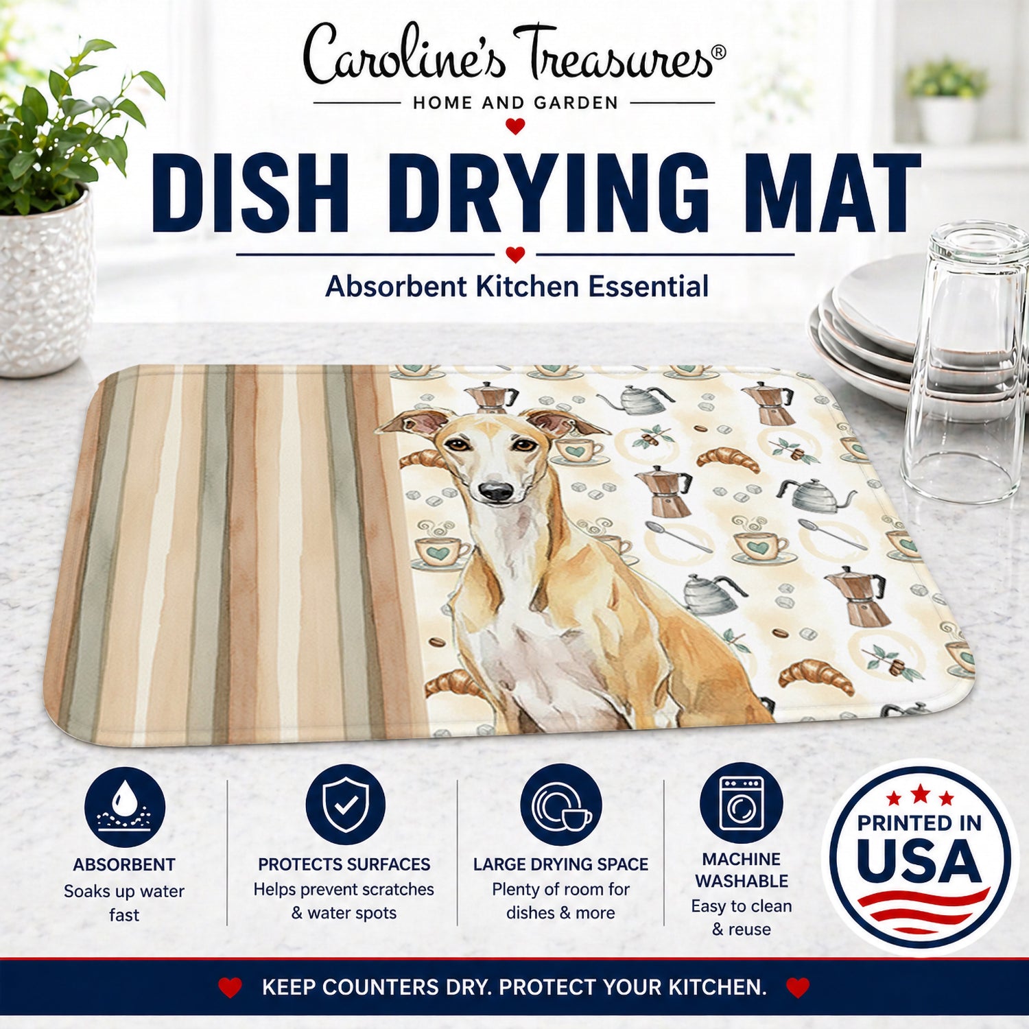 Fawn Whippet Coffee Bar Dish Drying Mat Absorbent Dish Drying Mat Pad for Kitchen Counter Dish Drainer Mat for Countertop, 14 x 21", Multicolor