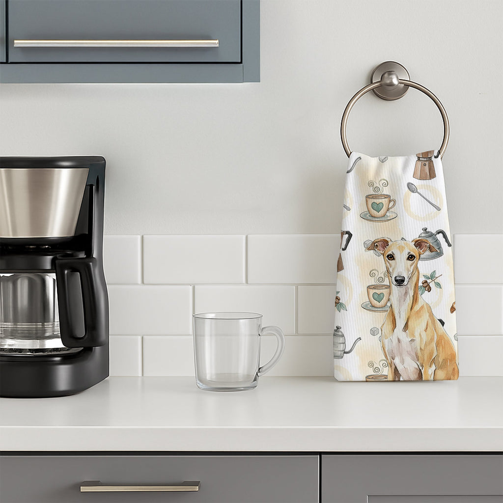 Fawn Whippet Coffee Bar Kitchen Towel Velour Plush Front and Cotton Loop Back Machine Washable