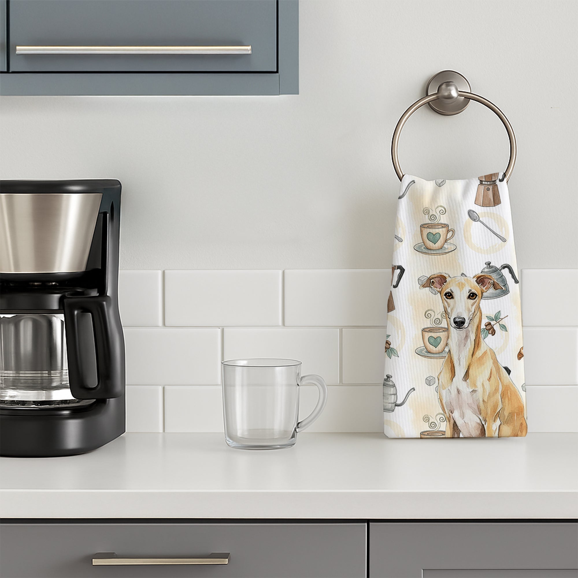 Fawn Whippet Coffee Bar Kitchen Towel Velour Plush Front and Cotton Loop Back Machine Washable