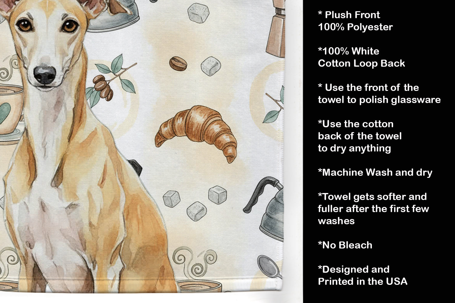 Fawn Whippet Coffee Bar Kitchen Towel Velour Plush Front and Cotton Loop Back Machine Washable