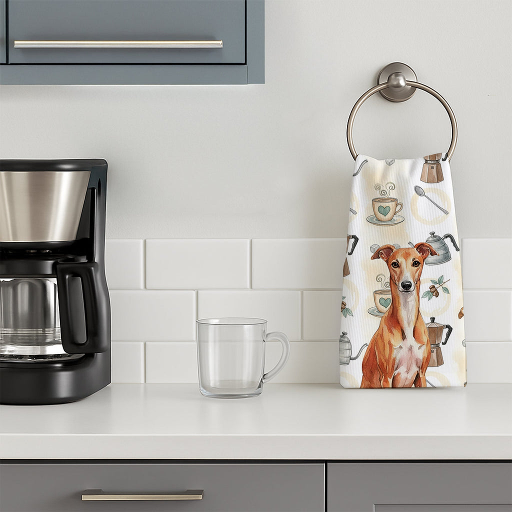Red Whippet Coffee Bar Kitchen Towel Velour Plush Front and Cotton Loop Back Machine Washable