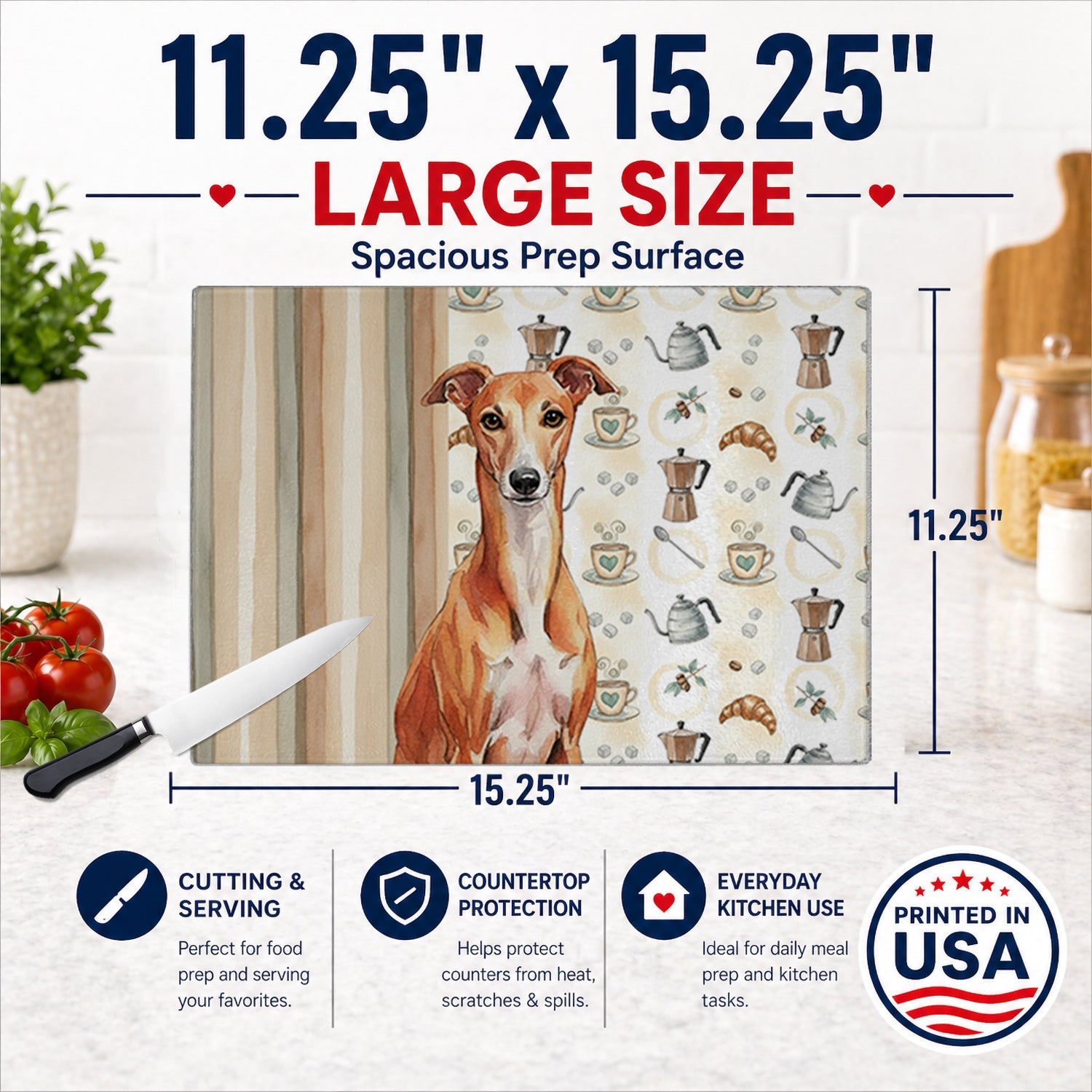Red Whippet Coffee Bar Cutting Board Tempered Glass Kitchen Cutting Surface, Heat Resistant Chopping, Non-Slip Feet, Food Prep & Serving