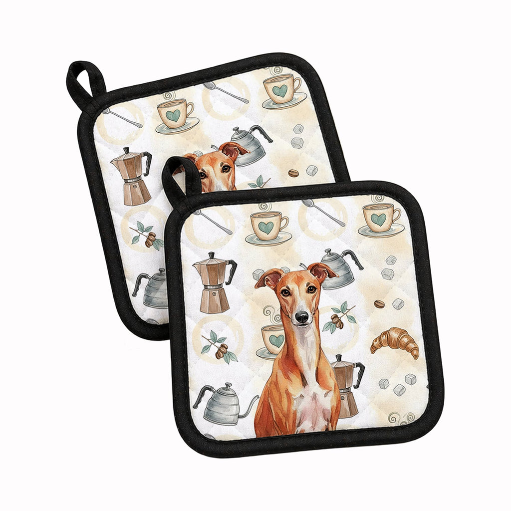 Red Whippet Coffee Bar Pot Holder Set of 2 Heat Resistant Quilted Hot Pads 7.5 x 7.5 Inch, Insulated Kitchen Trivets for Cooking & Baking