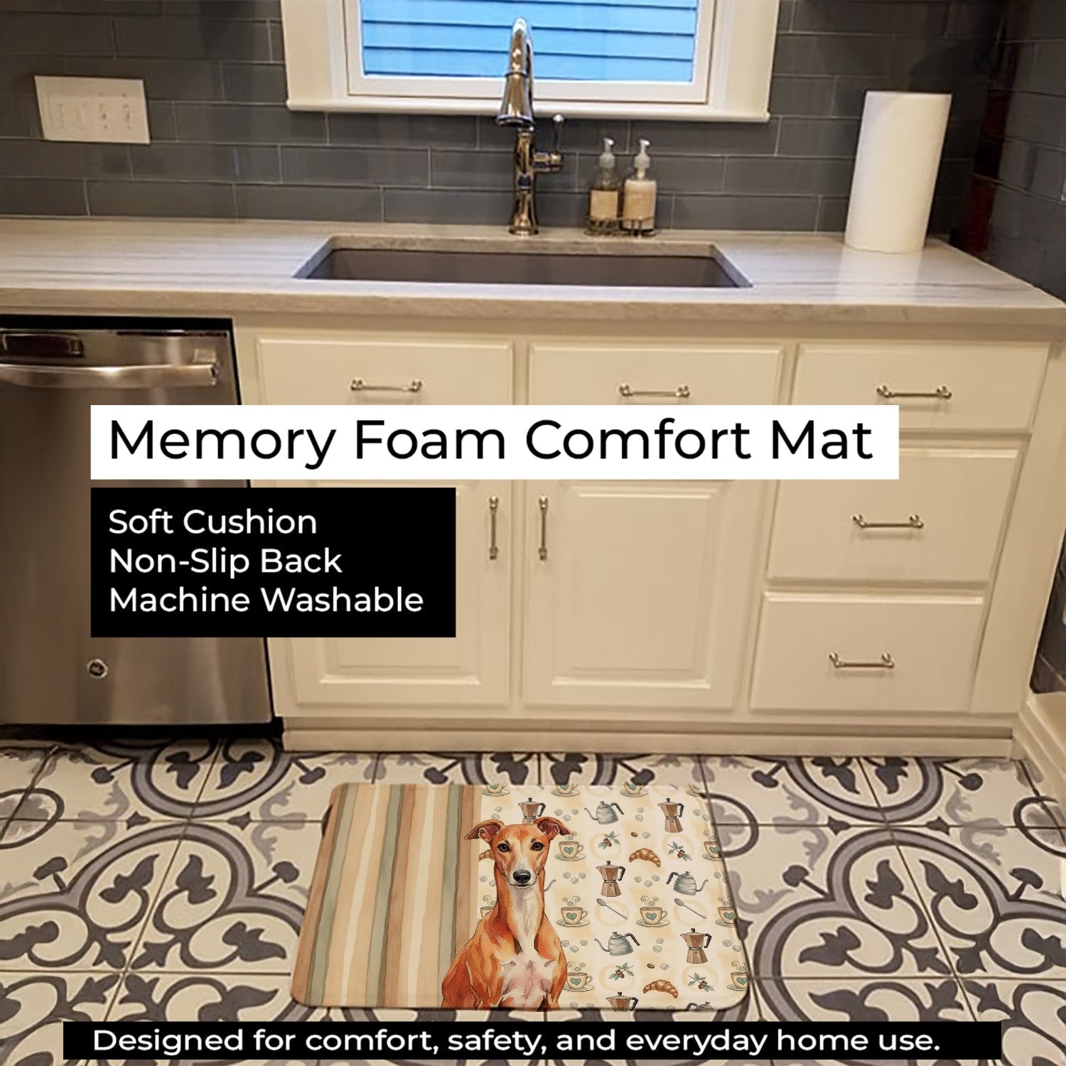 Red Whippet Coffee Bar Memory Foam Kitchen Mat Machine Washable Anti-Fatigue Cushion Comfort Bath or Kitchen Rug