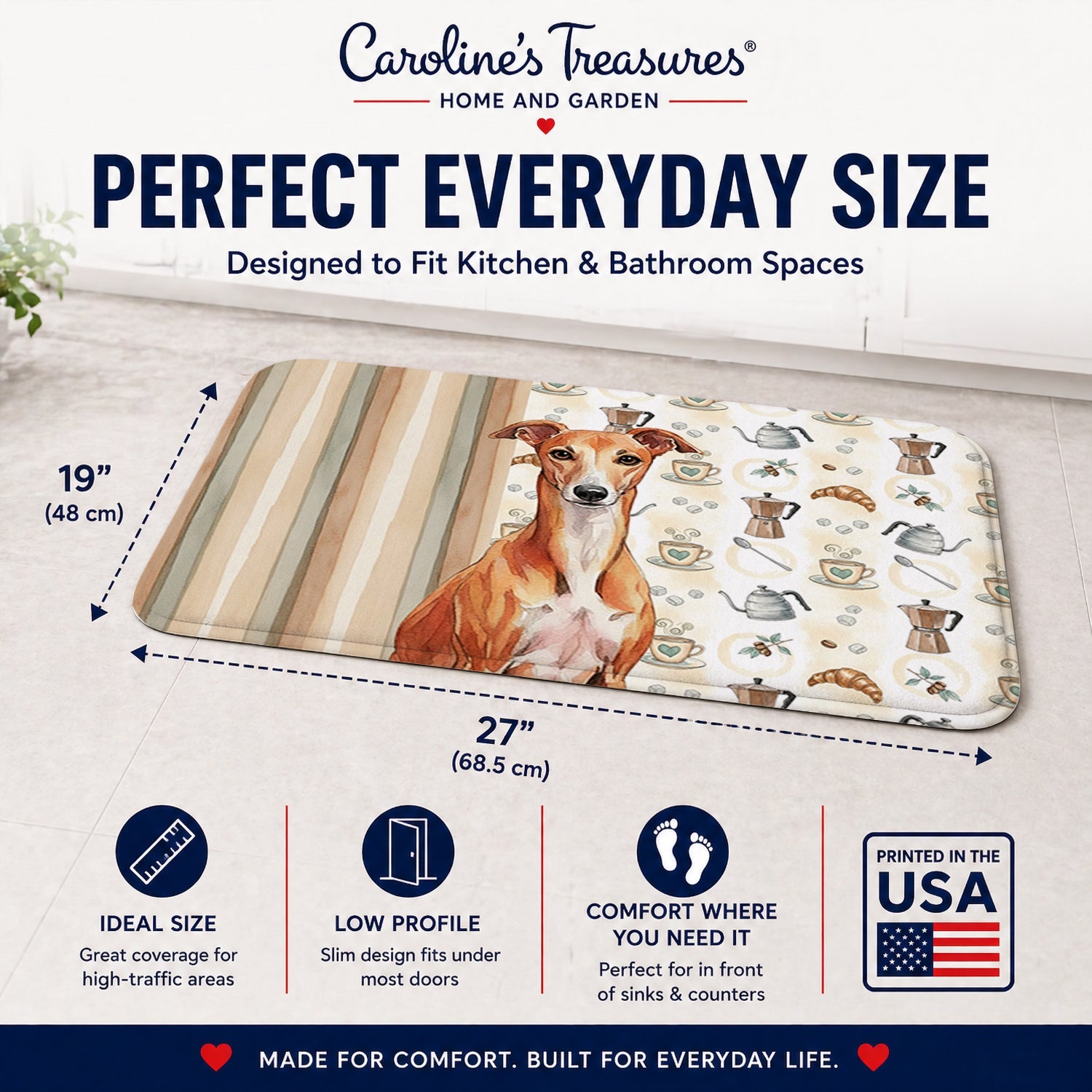 Red Whippet Coffee Bar Memory Foam Kitchen Mat Machine Washable Anti-Fatigue Cushion Comfort Bath or Kitchen Rug