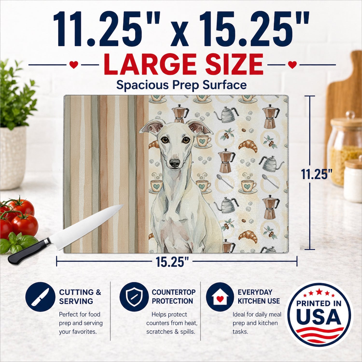 White Whippet Coffee Bar Cutting Board Tempered Glass Kitchen Cutting Surface, Heat Resistant Chopping, Non-Slip Feet, Food Prep & Serving