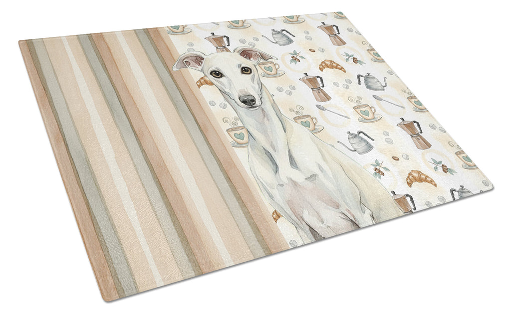 White Whippet Coffee Bar Cutting Board Tempered Glass Kitchen Cutting Surface, Heat Resistant Chopping, Non-Slip Feet, Food Prep & Serving