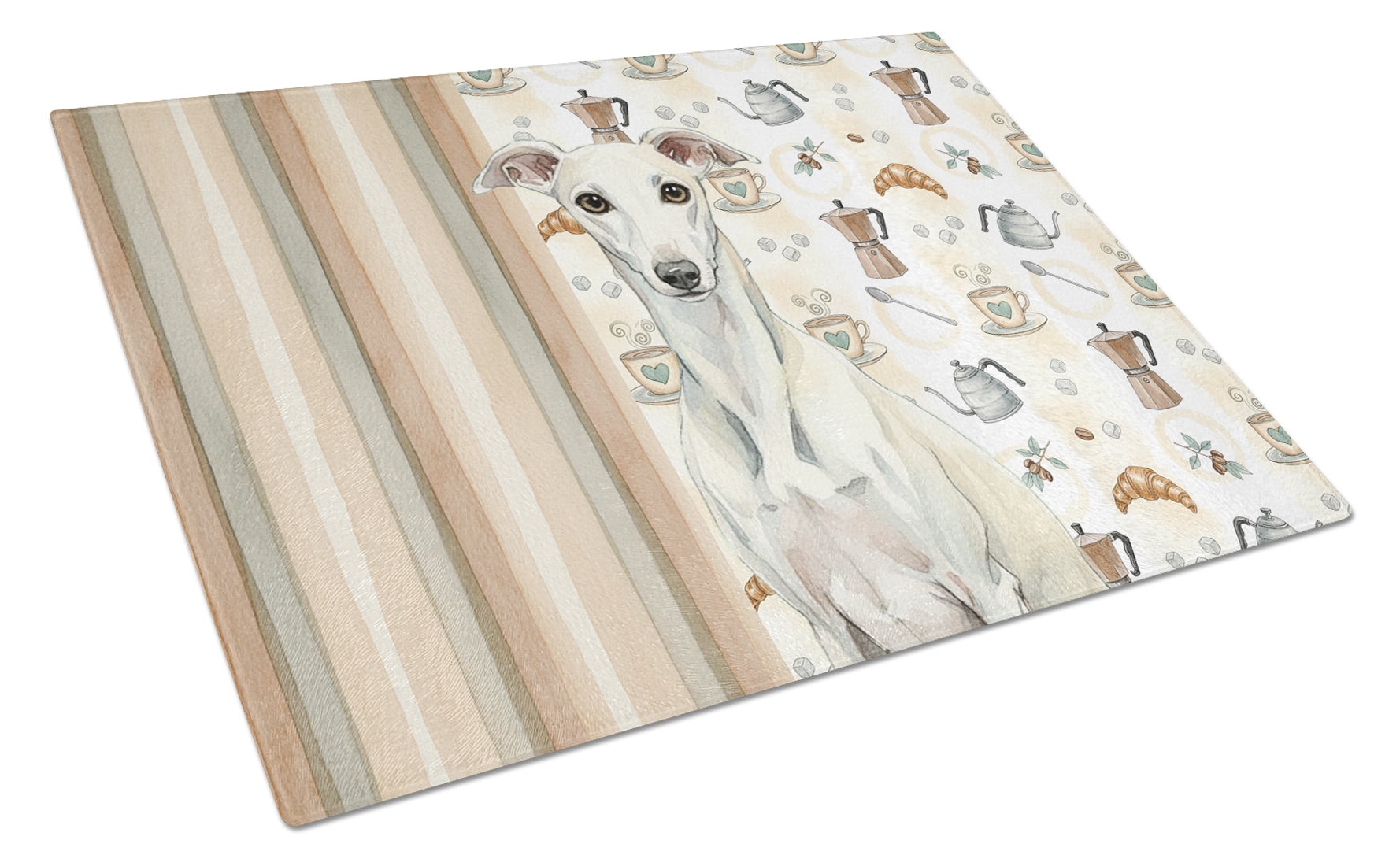White Whippet Coffee Bar Cutting Board Tempered Glass Kitchen Cutting Surface, Heat Resistant Chopping, Non-Slip Feet, Food Prep & Serving