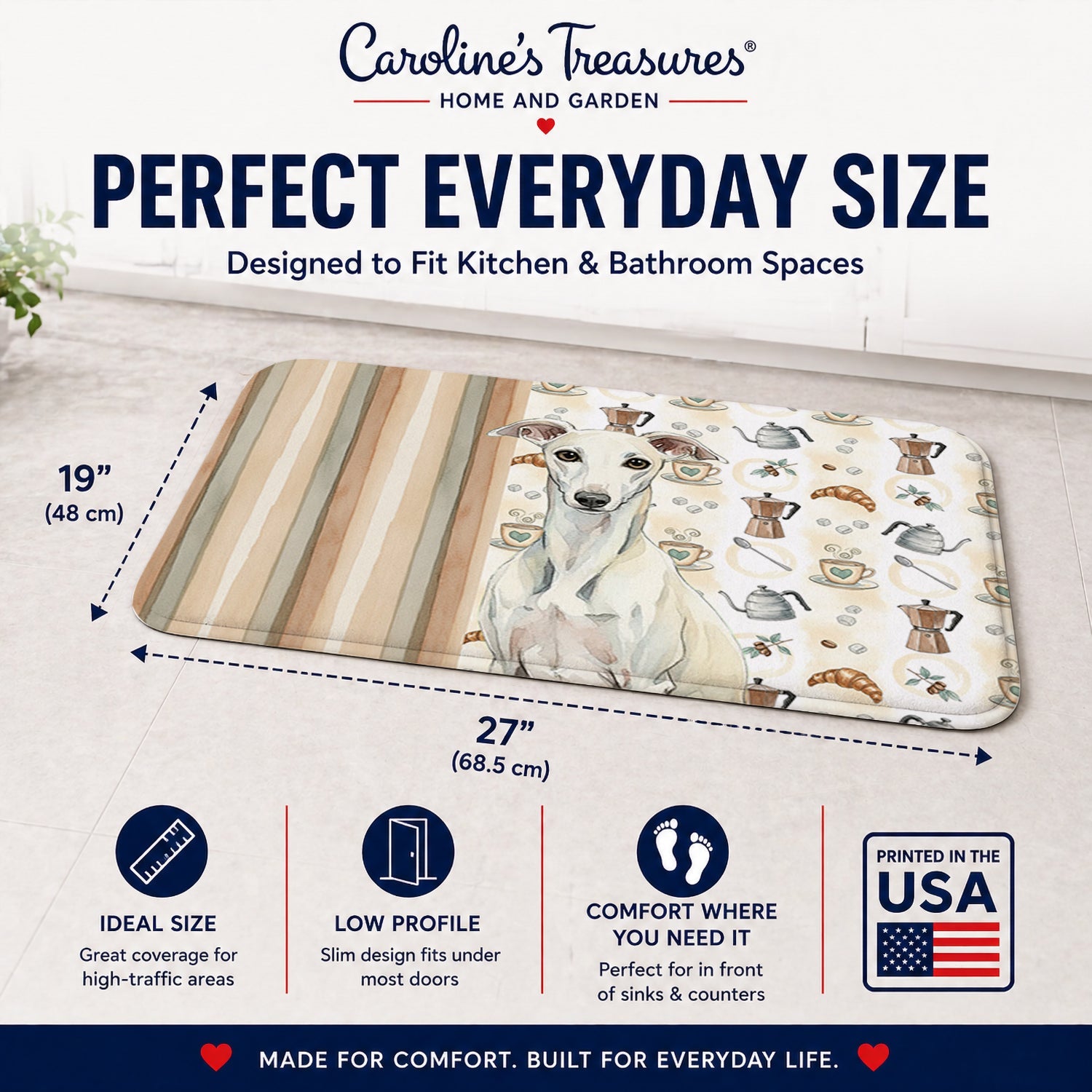 White Whippet Coffee Bar Memory Foam Kitchen Mat Machine Washable Anti-Fatigue Cushion Comfort Bath or Kitchen Rug