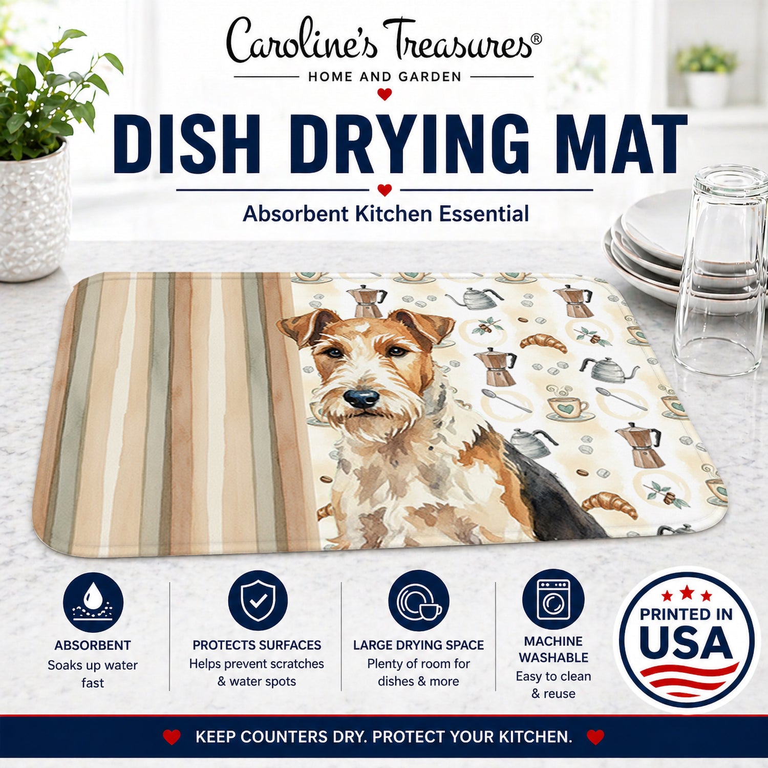 Wire Fox Terrier Coffee Bar Dish Drying Mat Absorbent Dish Drying Mat Pad for Kitchen Counter Dish Drainer Mat for Countertop, 14 x 21", Multicolor