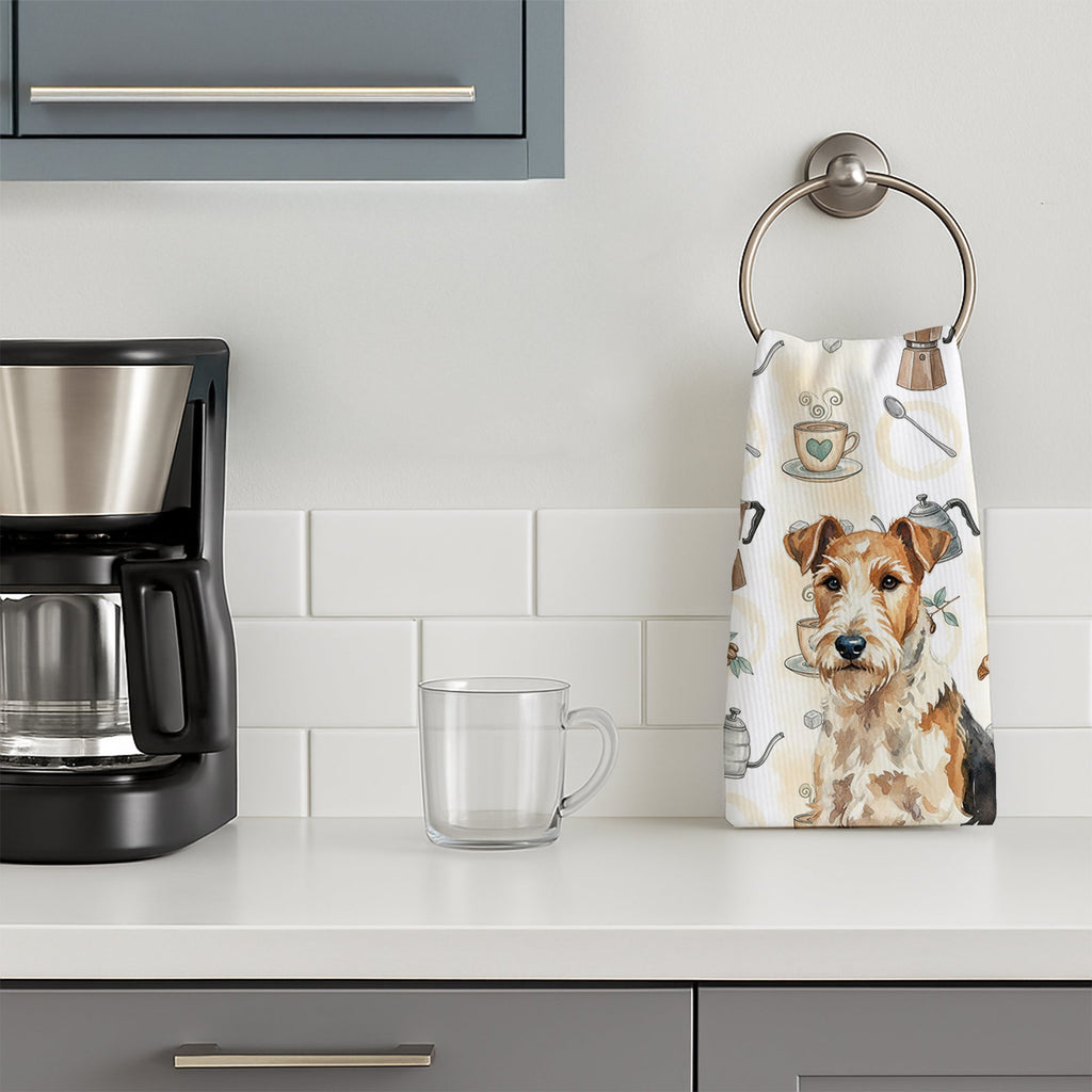 Wire Fox Terrier Coffee Bar Kitchen Towel Velour Plush Front and Cotton Loop Back Machine Washable