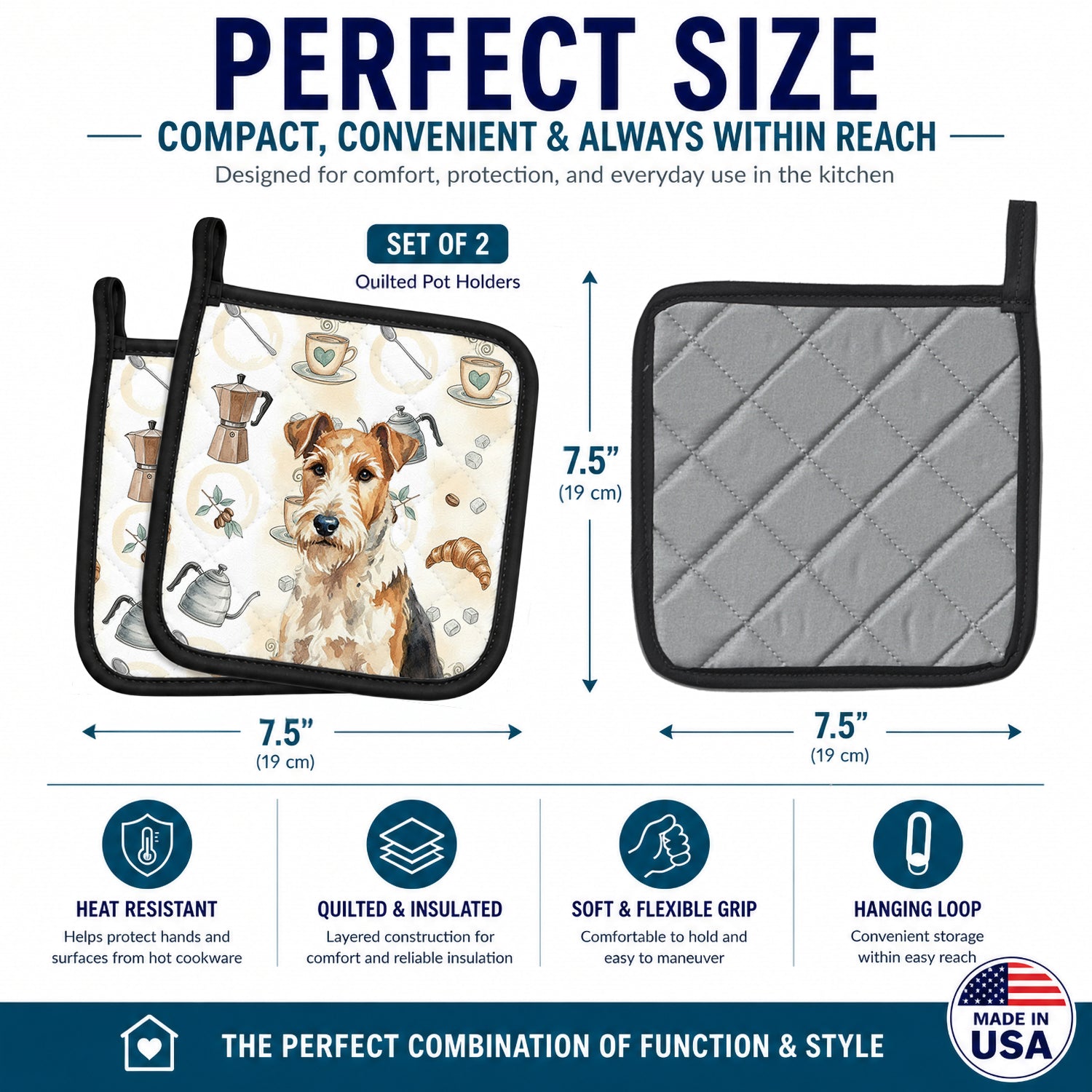 Wire Fox Terrier Coffee Bar Pot Holder Set of 2 Heat Resistant Quilted Hot Pads 7.5 x 7.5 Inch, Insulated Kitchen Trivets for Cooking & Baking