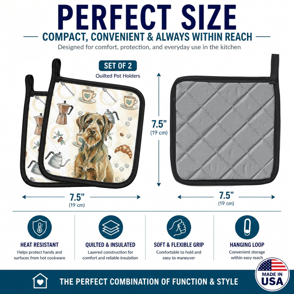 Chestnut Wirehaired Pointing Griffon Coffee Bar Pot Holder Set of 2 Heat Resistant Quilted Hot Pads 7.5 x 7.5 Inch, Insulated Kitchen Trivets for Cooking & Baking