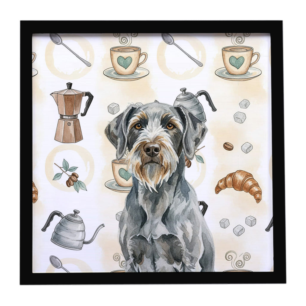 Steel Gray Wirehaired Pointing Griffon Coffee Bar Framed Metal Print Bathroom, Kitchen, Office, Home Decor Wall Art Ready to Hang, Square, 8X8
