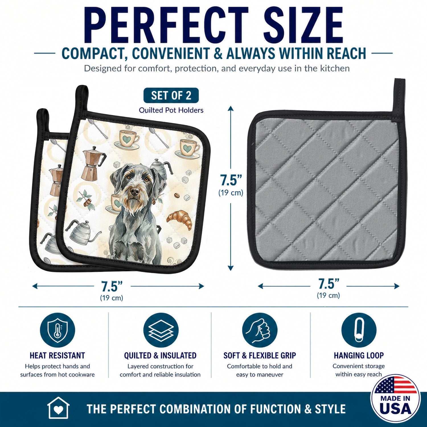Steel Gray Wirehaired Pointing Griffon Coffee Bar Pot Holder Set of 2 Heat Resistant Quilted Hot Pads 7.5 x 7.5 Inch, Insulated Kitchen Trivets for Cooking & Baking
