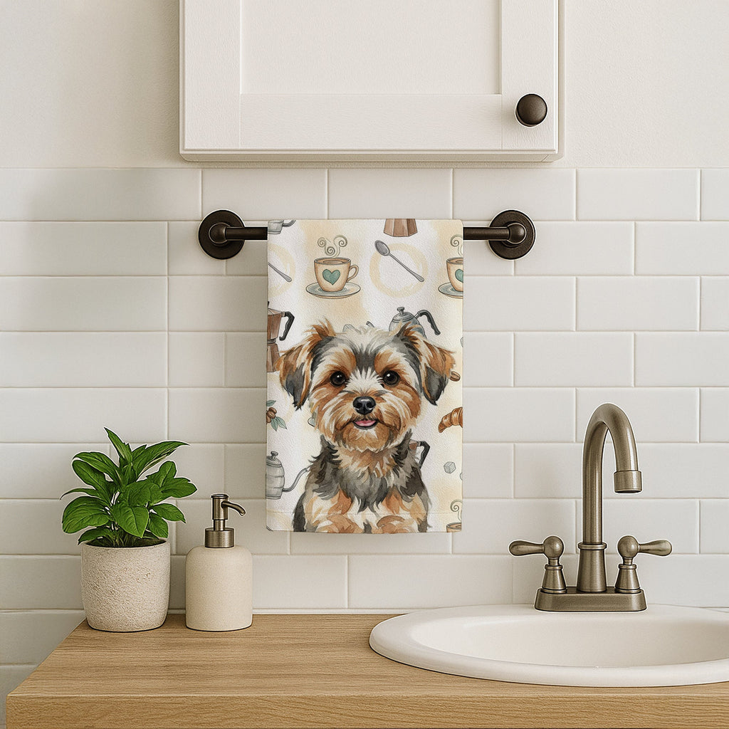 Yorkiepoo Coffee Bar Kitchen Towel Velour Plush Front and Cotton Loop Back Machine Washable