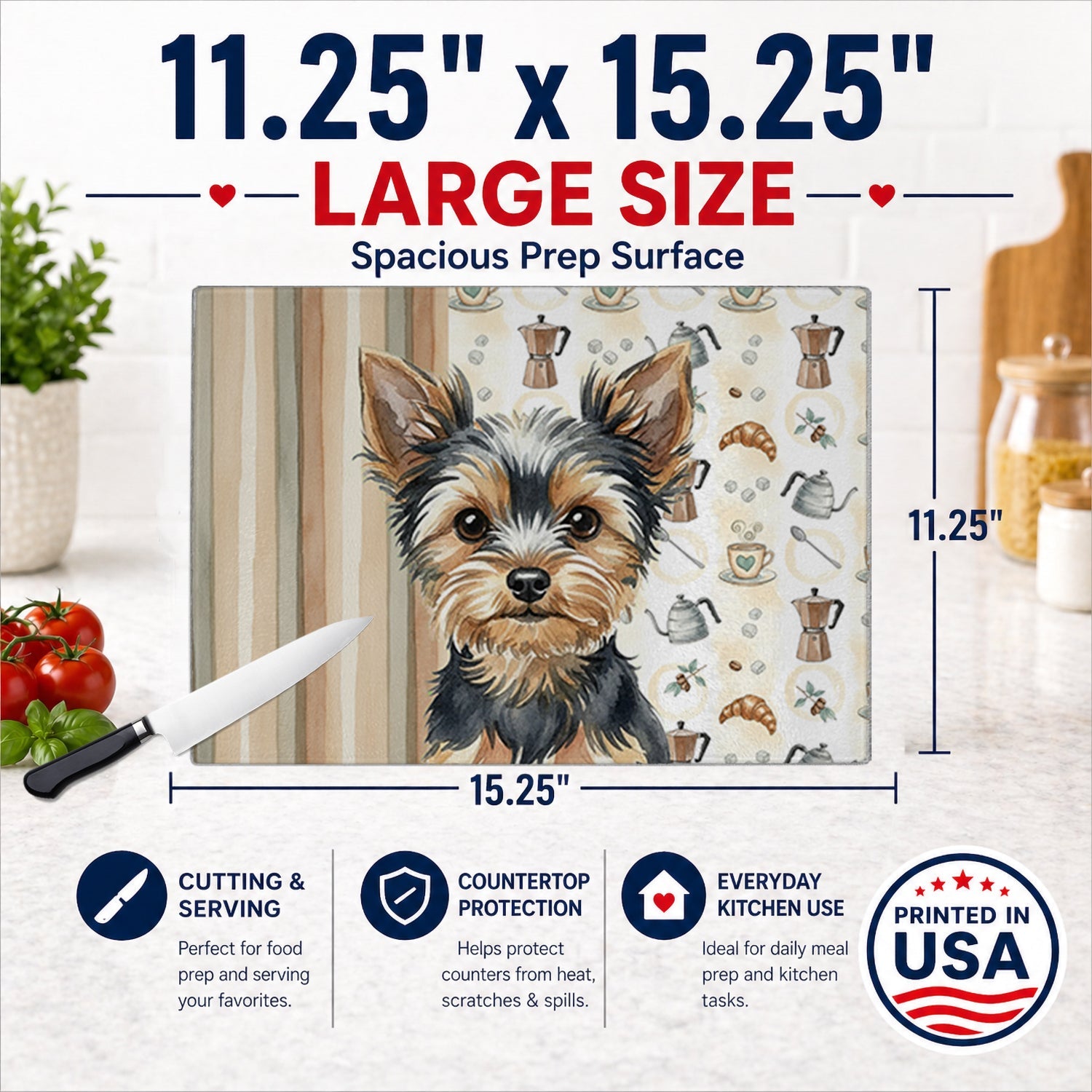 Black and Tan Yorkshire Terrier Coffee Bar Cutting Board Tempered Glass Kitchen Cutting Surface, Heat Resistant Chopping, Non-Slip Feet, Food Prep & Serving
