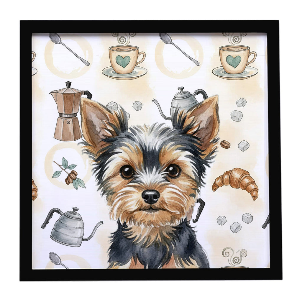 Black and Tan Yorkshire Terrier Coffee Bar Framed Metal Print Bathroom, Kitchen, Office, Home Decor Wall Art Ready to Hang, Square, 8X8