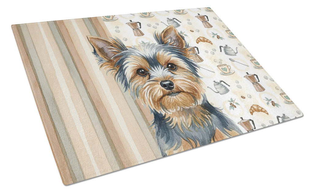 Blue and Tan Yorkshire Terrier Coffee Bar Cutting Board Tempered Glass Kitchen Cutting Surface, Heat Resistant Chopping, Non-Slip Feet, Food Prep & Serving