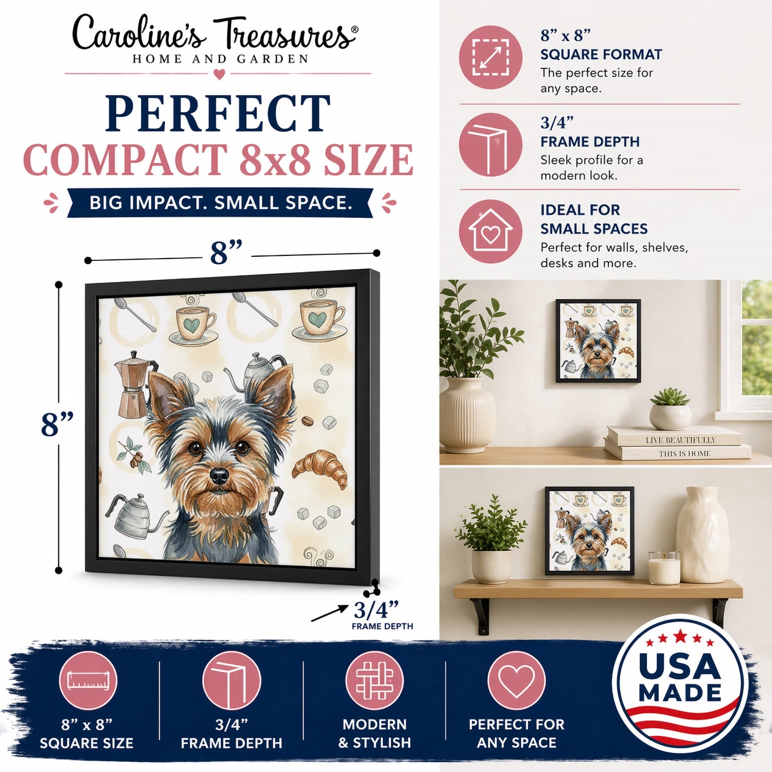 Blue and Tan Yorkshire Terrier Coffee Bar Framed Metal Print Bathroom, Kitchen, Office, Home Decor Wall Art Ready to Hang, Square, 8X8