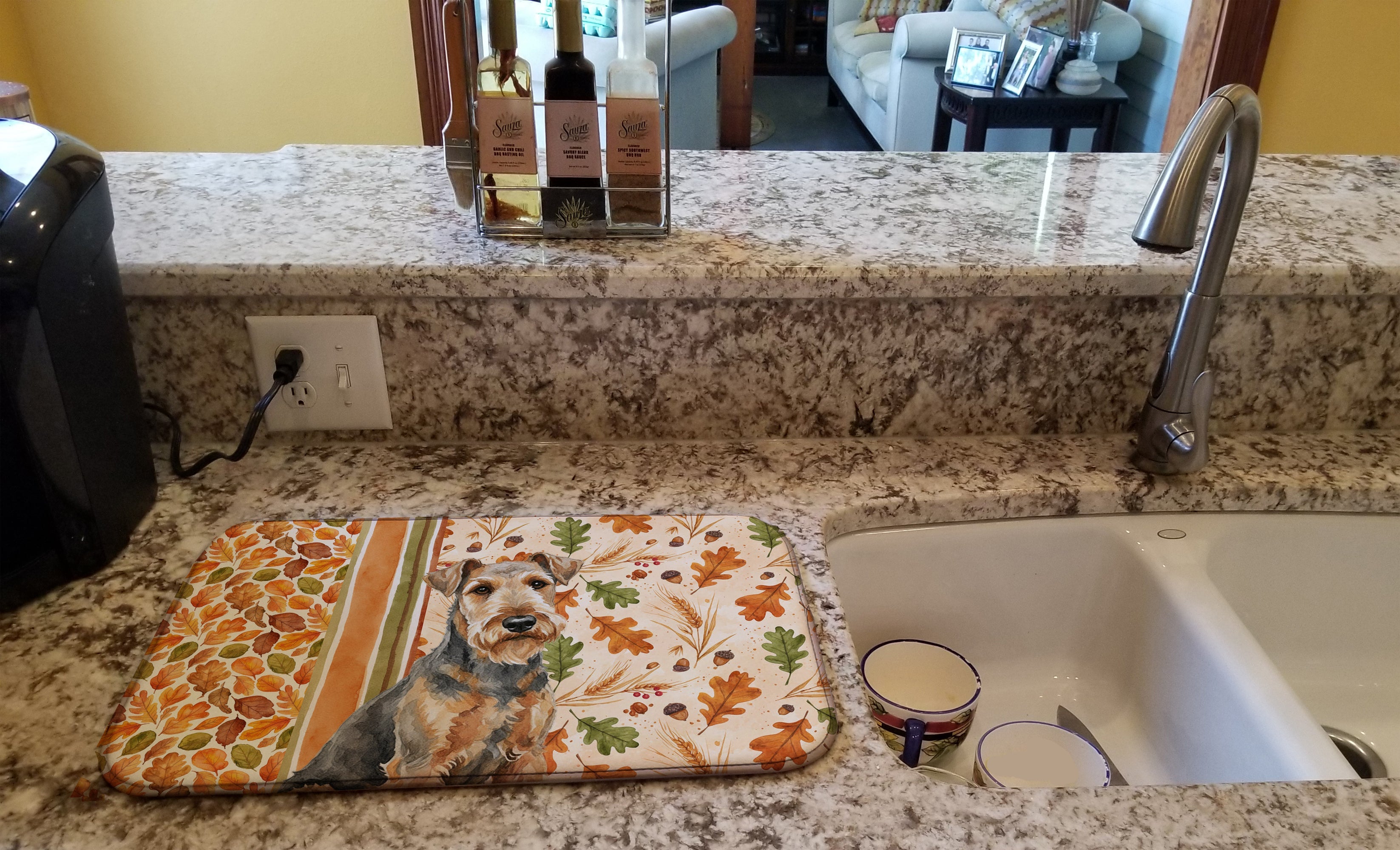Grizzle Airedale Terrier Heirloom Fall Dish Drying Mat Absorbent Dish Drying Mat Pad for Kitchen Counter Dish Drainer Mat for Countertop, 14 x 21", Multicolor