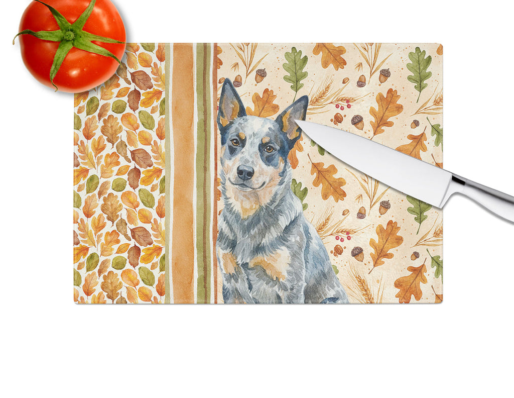 Blue Heeler Australian Cattle Dog Heirloom Fall Cutting Board Tempered Glass Kitchen Cutting Surface, Heat Resistant Chopping, Non-Slip Feet, Food Prep & Serving