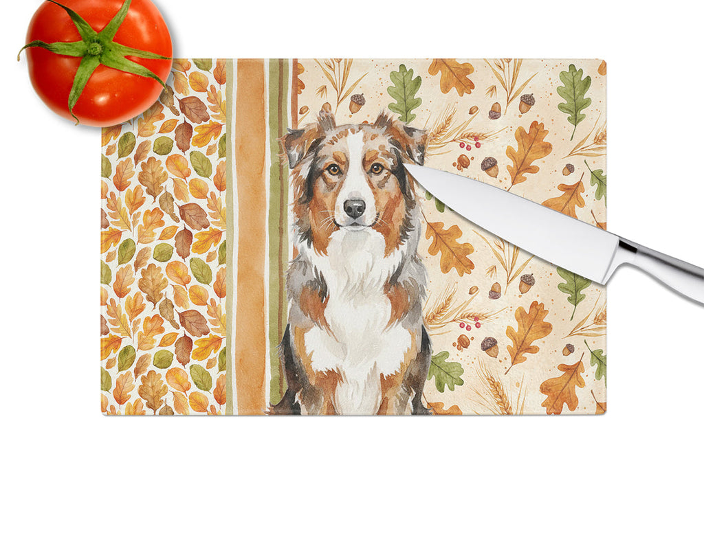Red Merle Australian Shepherd Heirloom Fall Cutting Board Tempered Glass Kitchen Cutting Surface, Heat Resistant Chopping, Non-Slip Feet, Food Prep & Serving