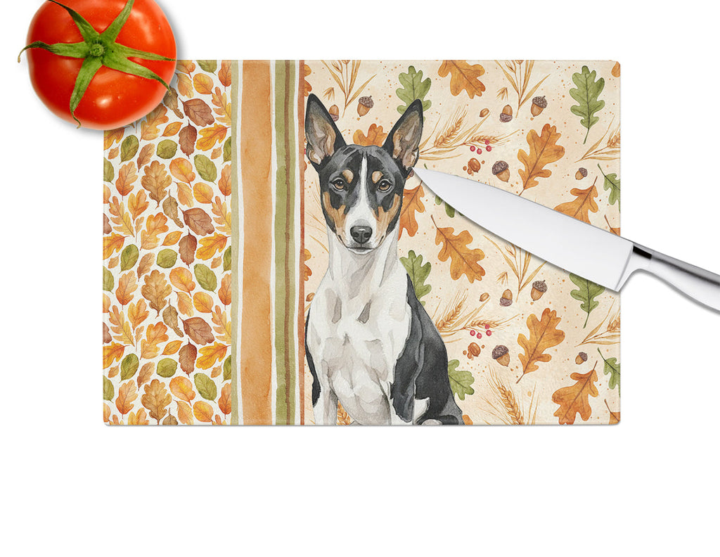 Black and White Basenji Heirloom Fall Cutting Board Tempered Glass Kitchen Cutting Surface, Heat Resistant Chopping, Non-Slip Feet, Food Prep & Serving