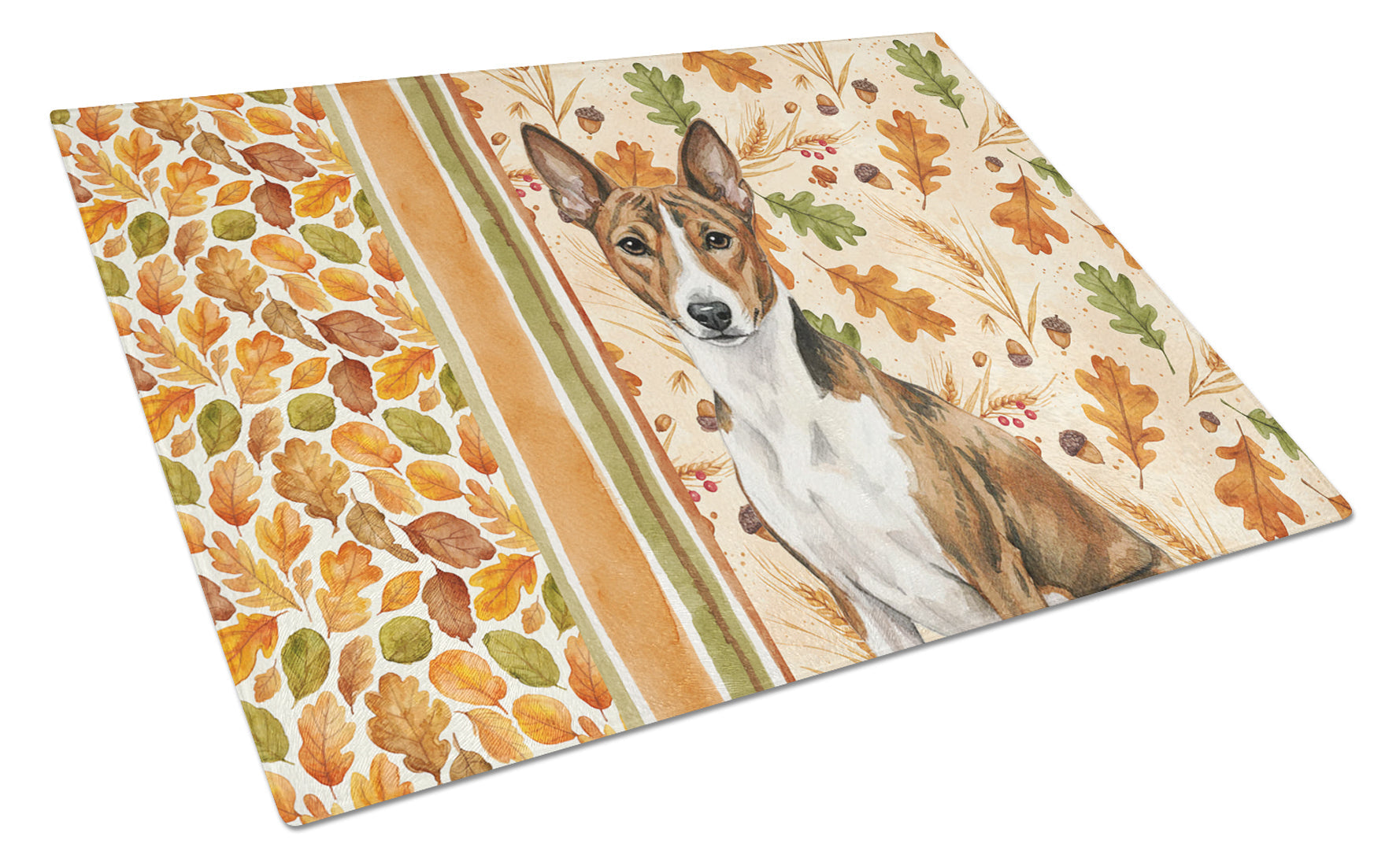 Brindle and White Basenji Heirloom Fall Cutting Board Tempered Glass Kitchen Cutting Surface, Heat Resistant Chopping, Non-Slip Feet, Food Prep & Serving