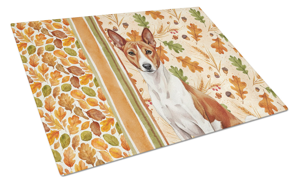 Red and White Basenji Heirloom Fall Cutting Board Tempered Glass Kitchen Cutting Surface, Heat Resistant Chopping, Non-Slip Feet, Food Prep & Serving